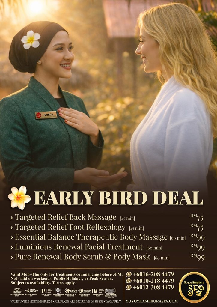 Yoyoy Kamphora Spa Early Bird Deal promotional poster featuring a spa therapist warmly welcoming a guest in a serene luxury spa setting with early bird treatment offers including back massage, foot reflexology, facial treatment, body massage, and body scrub promotion