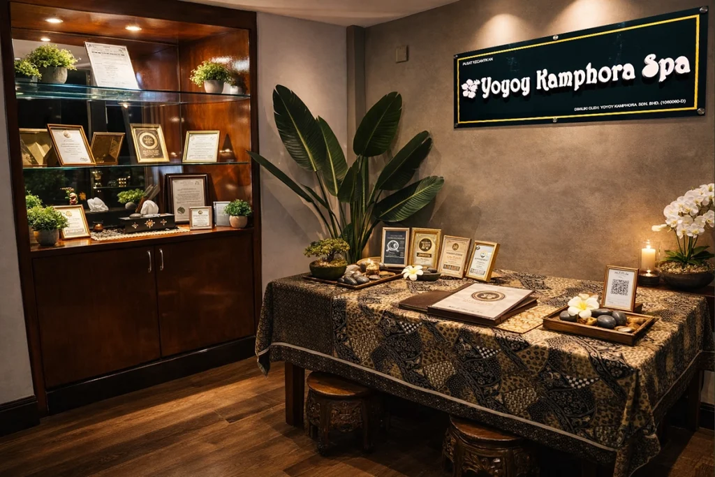 Yoyoy Kamphora Spa Kuala Lumpur reception area with awards display