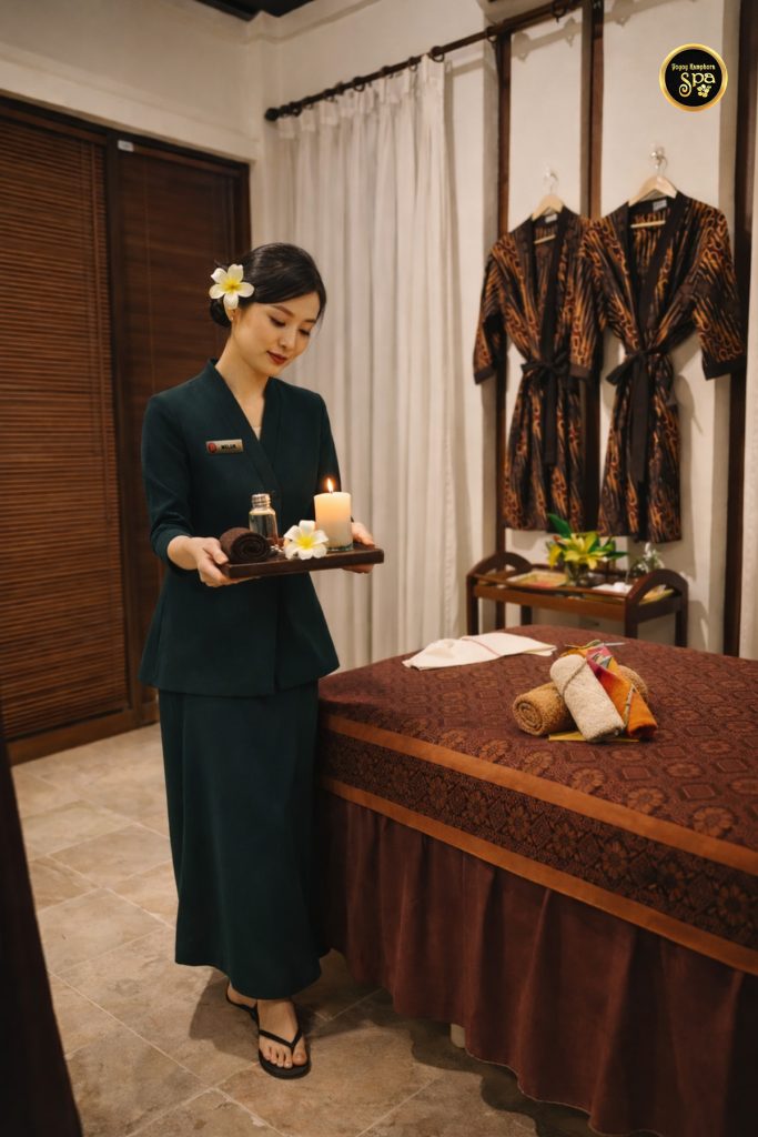 Spa therapist preparing treatment tray with candle and essential oils in treatment room
