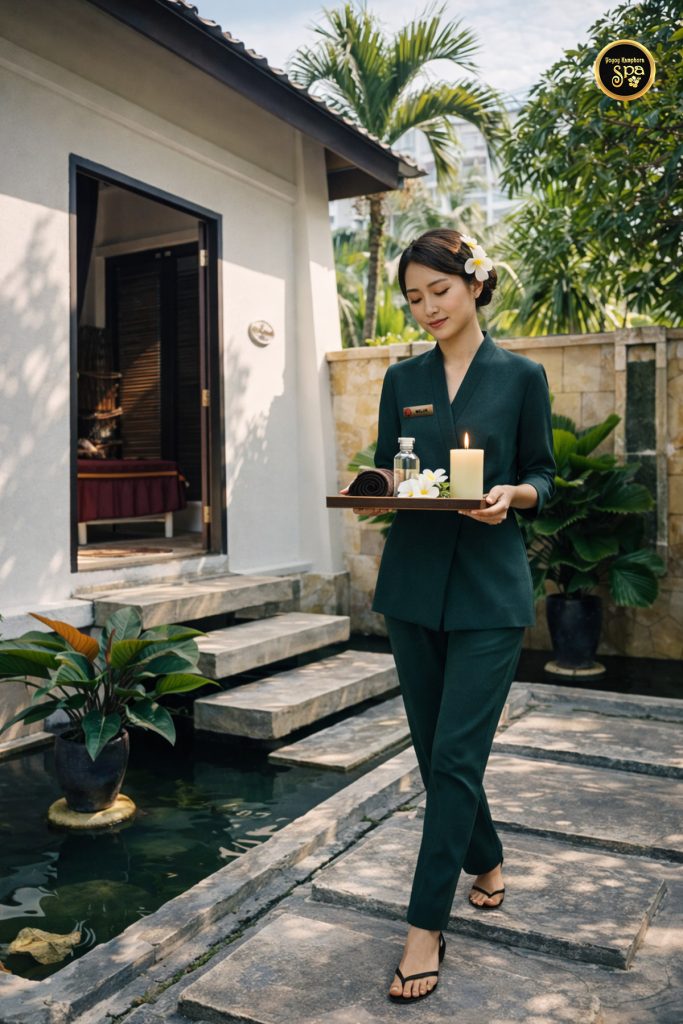 Spa therapist walking through tropical courtyard with treatment tray at AnCasa Resort Port Dickson