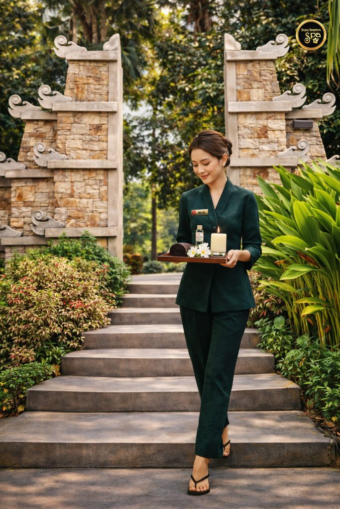 Spa therapist walking down garden steps with treatment tray at Yoyoy Kamphora Spa Port Dickson