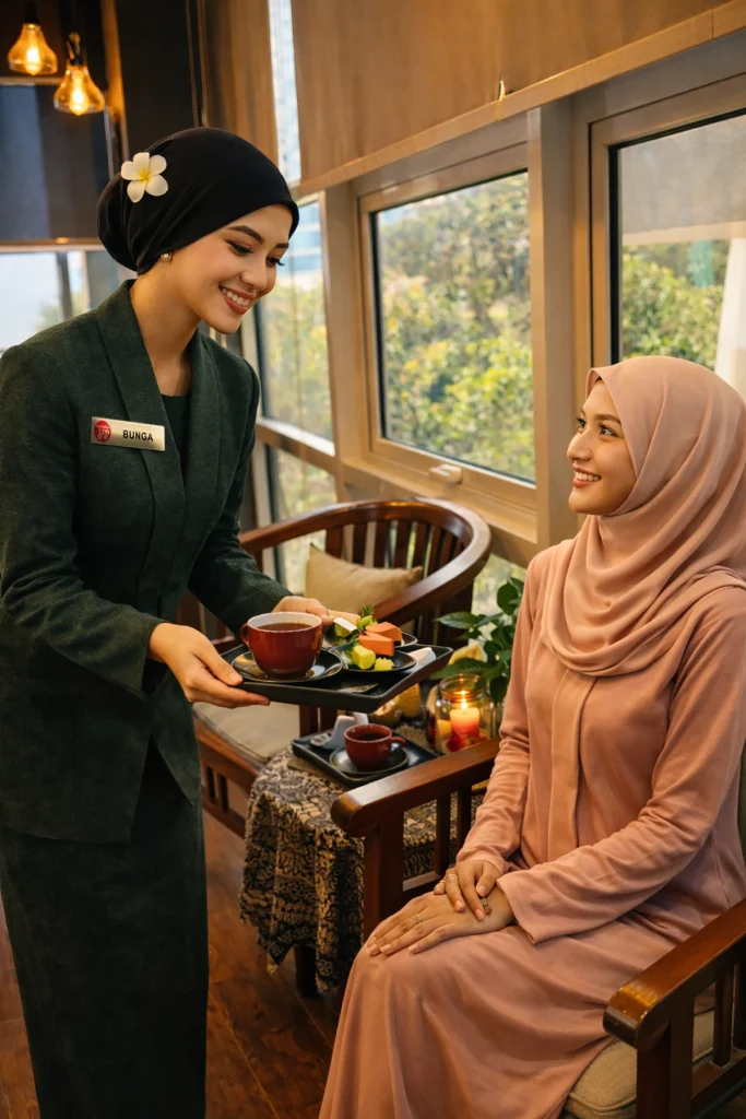 Muslimah spa guest enjoying welcome tea at Yoyoy Kamphora Spa Ayer@8 Putrajaya