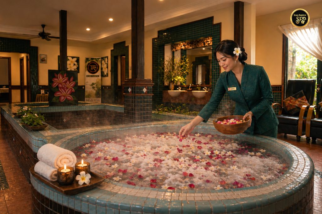 Luxury spa therapist preparing rose petal jacuzzi at Yoyoy Kamphora Spa Holiday Villa Cherating