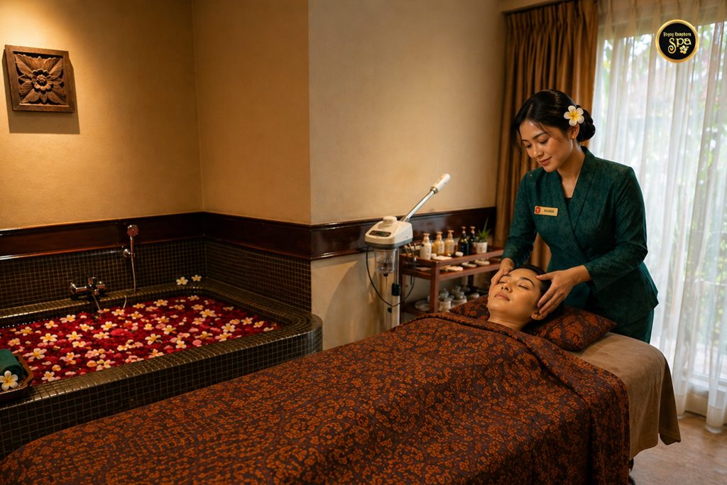 Spa therapist performing head massage with batik blanket and floral bath in Cherating spa