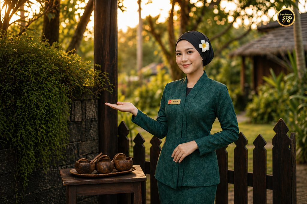 Spa therapist welcoming guest at Yoyoy Kamphora Spa Holiday Villa Cherating entrance