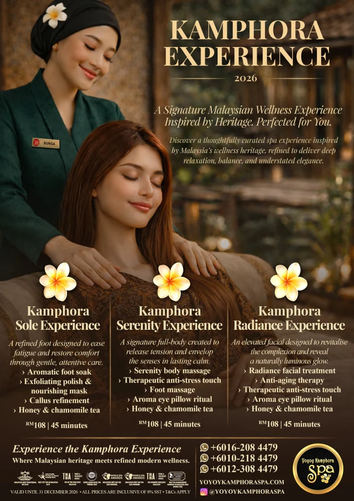 Kamphora Experience 2026 by Yoyoy Kamphora Spa featuring a therapist performing a relaxing Malaysian-inspired shoulder massage in a luxury spa setting with three signature treatments including Sole, Serenity, and Radiance Experience
