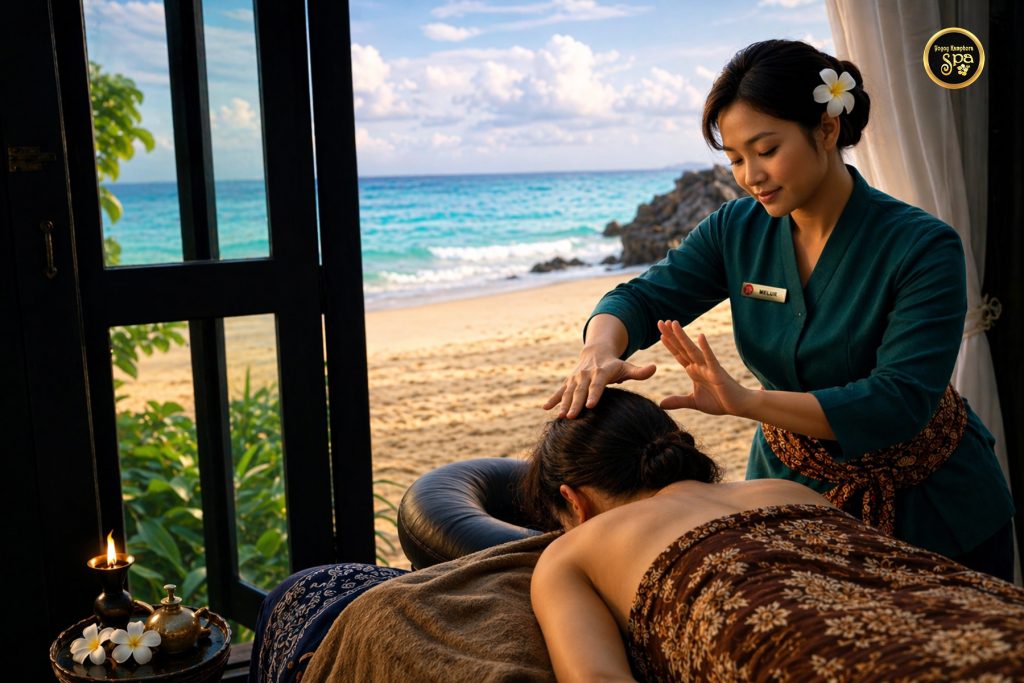 Traditional Malay head massage treatment by therapist with ocean view backdrop