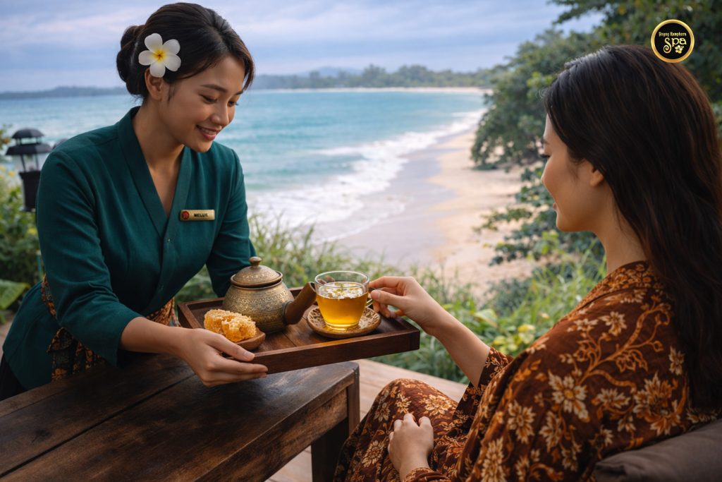 Spa therapist serving herbal tea to guest in batik robe with coastal view