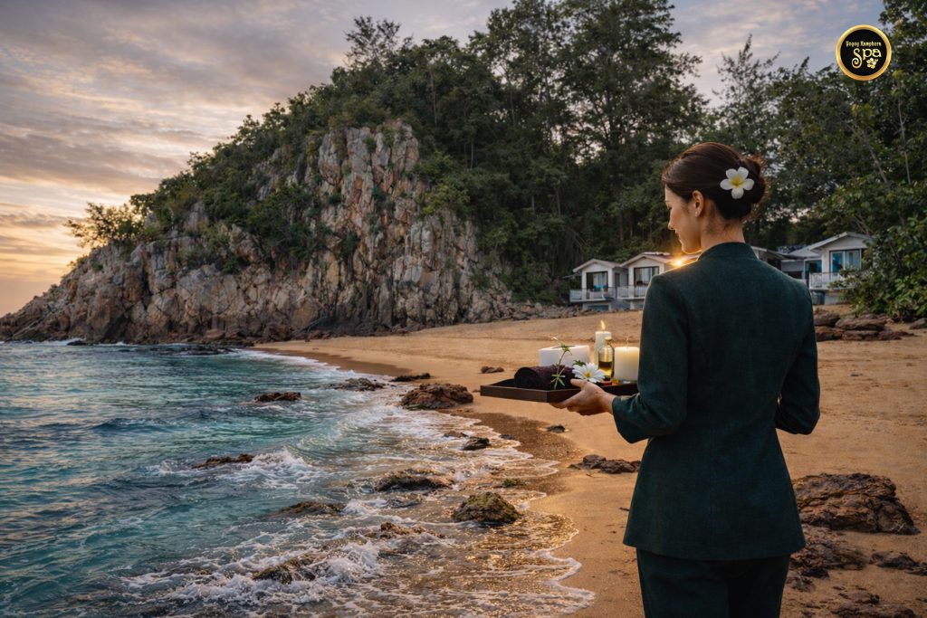 Spa therapist walking along tropical beach carrying treatment tray at sunset