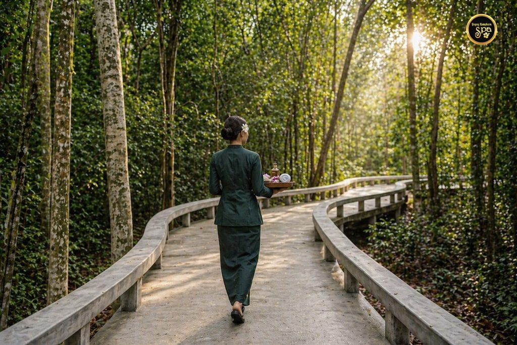 Luxury spa therapist walking through forest pathway carrying tray at Yoyoy Kamphora Spa The Kasturi Resort Cherating