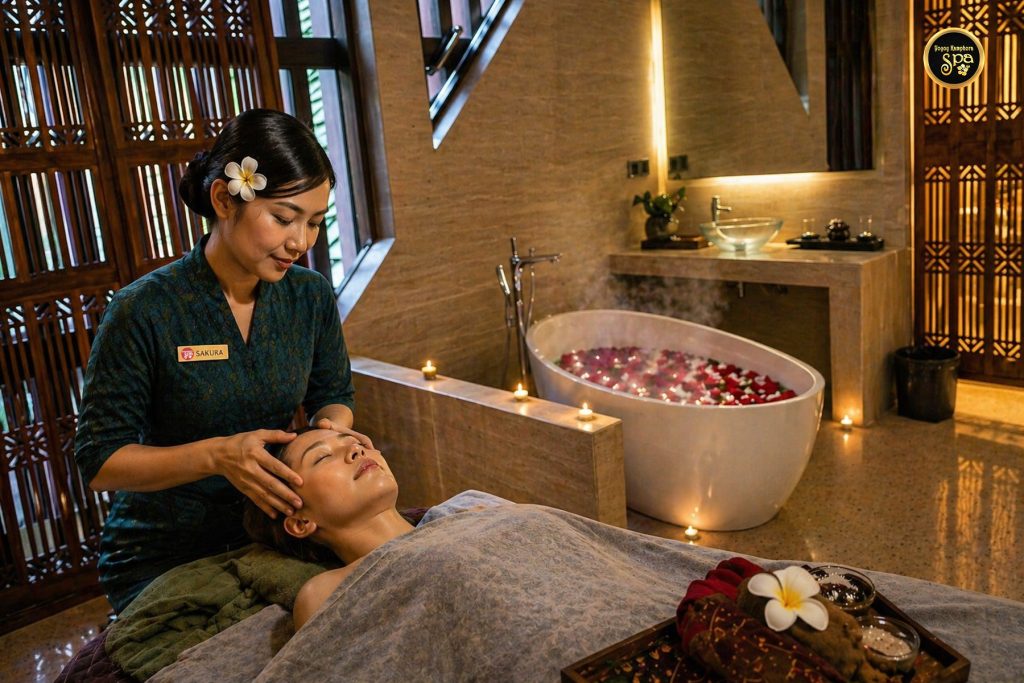Spa therapist performing head massage with flower bath at Yoyoy Kamphora Spa (Ketapang Spa)