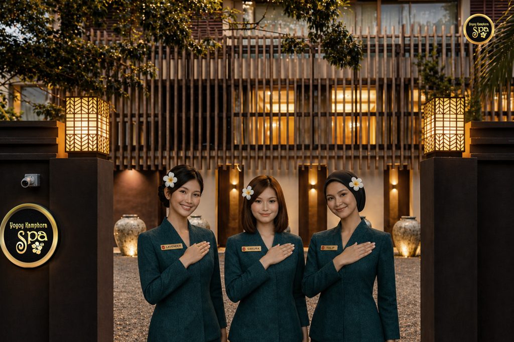 Professional spa therapists welcoming guests at Yoyoy Kamphora Spa Malaysia