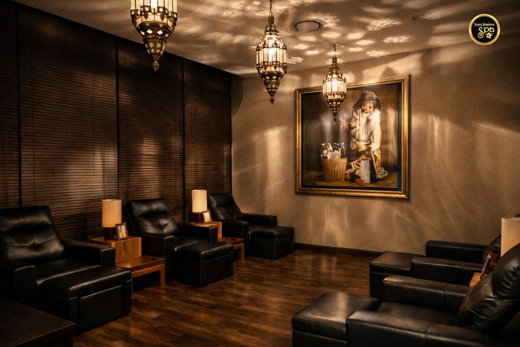 Spa waiting lounge with ambient lighting and traditional decor at Yoyoy Kamphora Spa