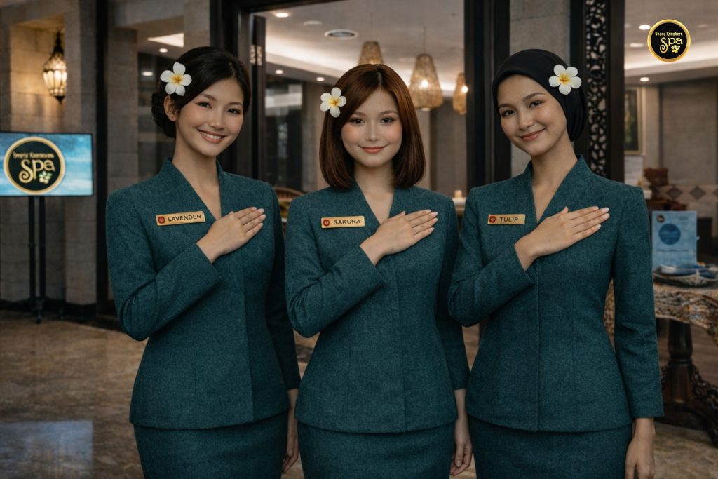 Three spa therapists in elegant teal uniforms standing at Yoyoy Kamphora Spa entrance warmly welcoming guests at a luxury hotel spa in Malaysia