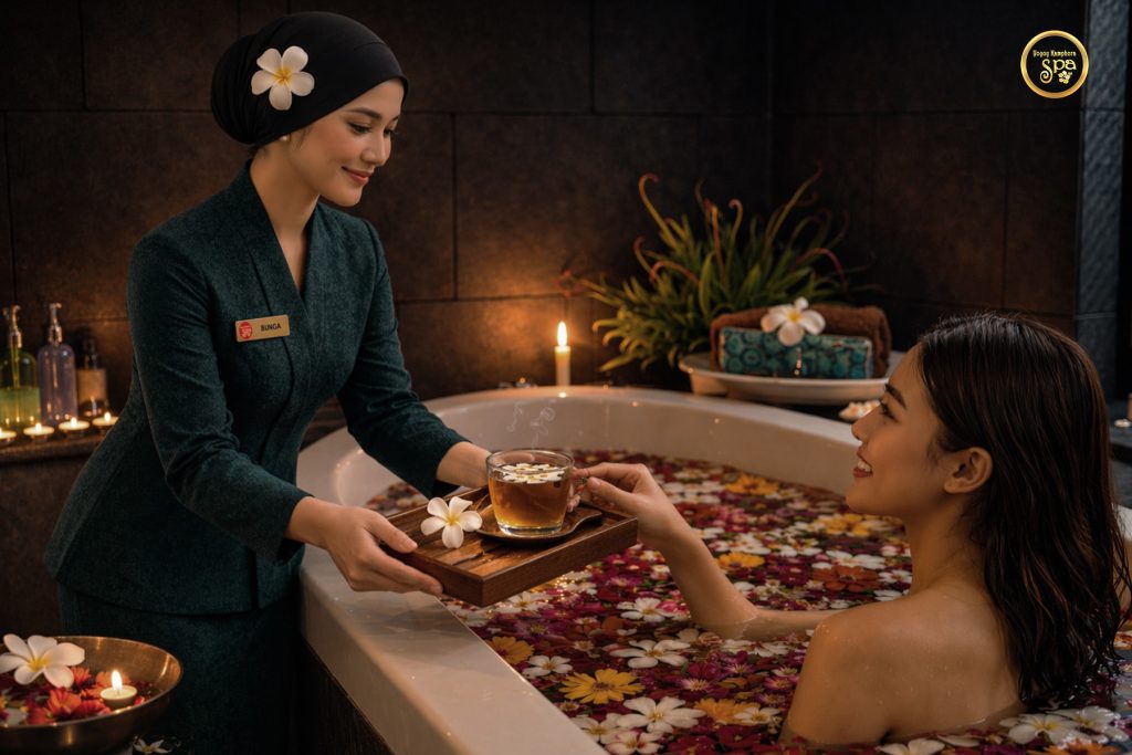 Luxury spa therapist serving herbal tea to guest in flower bath at Yoyoy Kamphora Spa Port Dickson