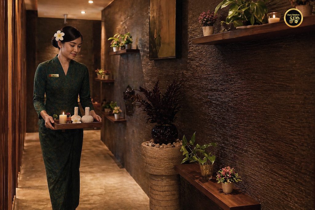 Spa therapist walking with treatment tray in luxury spa corridor at Yoyoy Kamphora Spa
