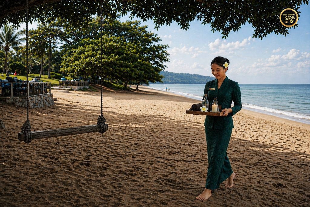 Spa therapist walking on beach with treatment tray at Port Dickson resort spa