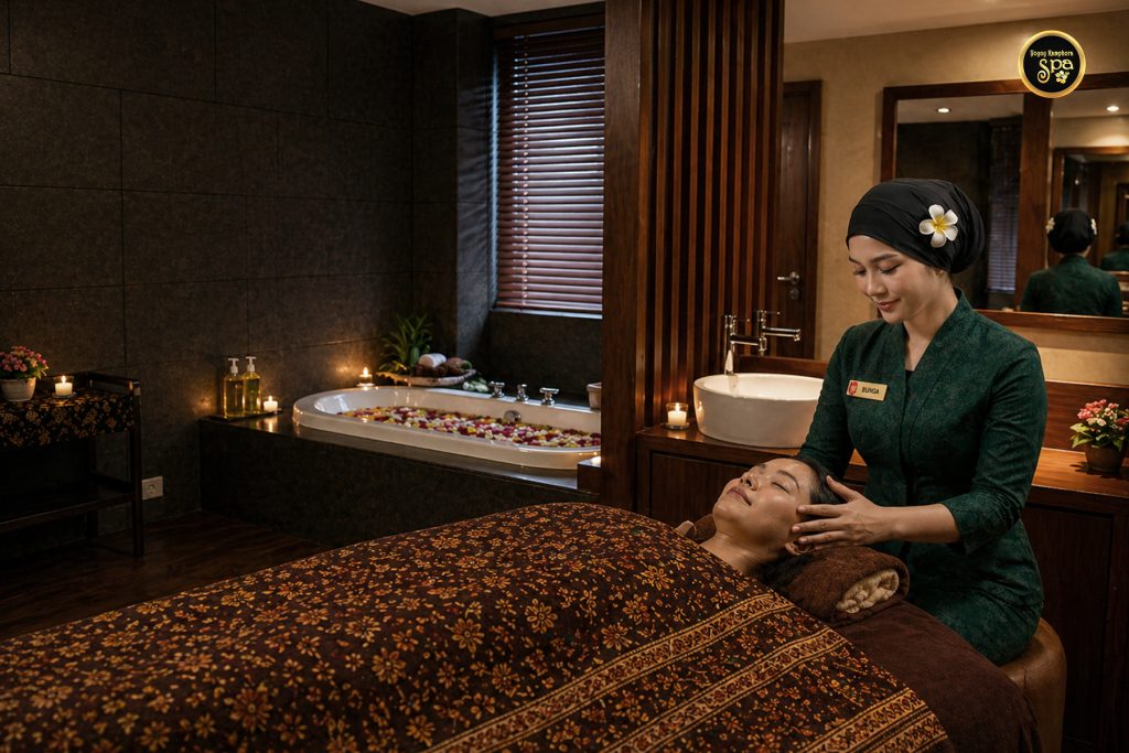 Spa therapist performing head massage treatment in private spa room