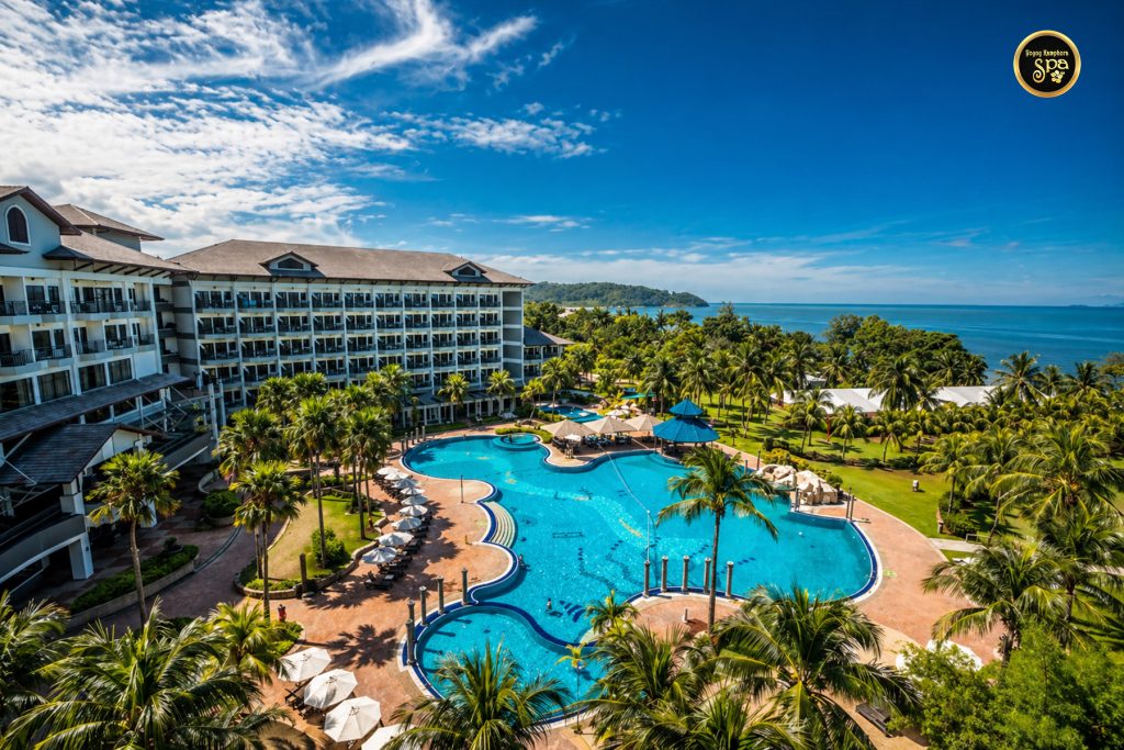 Aerial view of beachfront resort pool at Port Dickson Malaysia