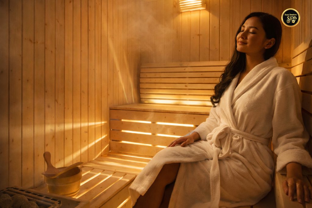 Luxury sauna experience at Yoyoy Kamphora Spa Zenith Hotel Putrajaya with guest relaxing in warm wooden steam room