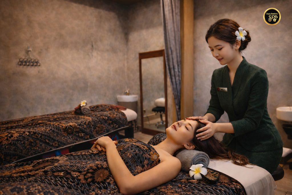 Spa therapist performing relaxing head massage treatment at Yoyoy Kamphora Spa Putrajaya